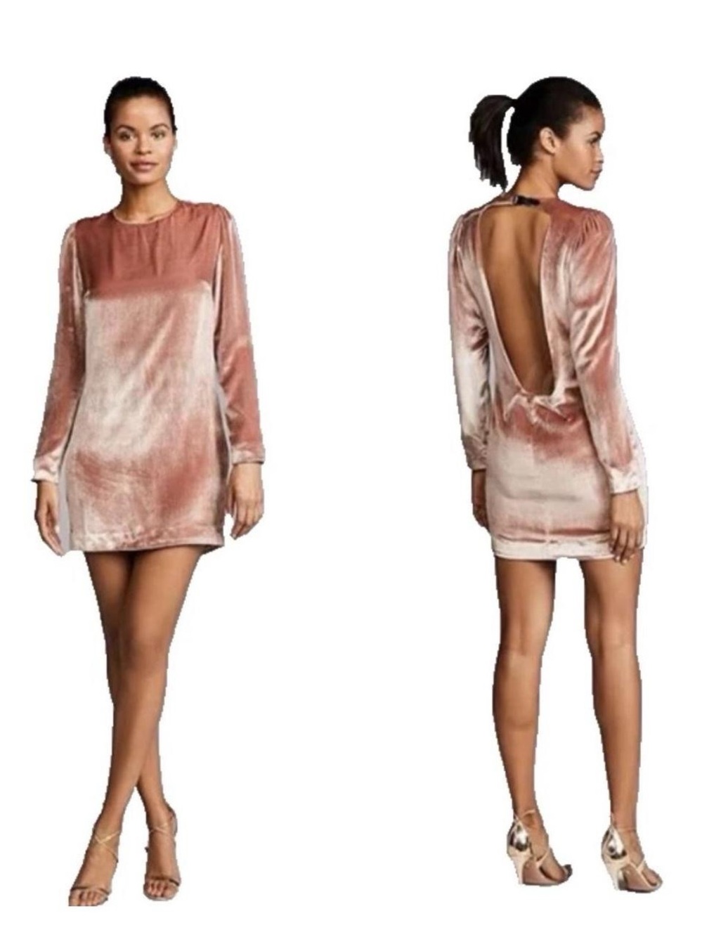 Fleur du Mal Rose Gold Velvet Long-Sleeve Open-Back Mini Dress